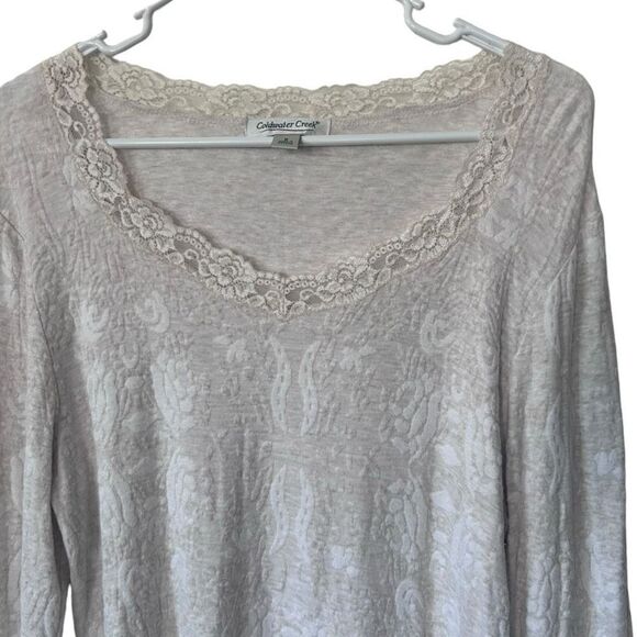 Coldwater Creek Lace Trim Jacquard Floral Scoop Neck Long Sleeve Top Cream Small - Picture 4 of 11